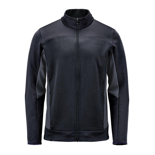A black knit jacket with a zip front, featuring contrasting panel details and a high collar. It has a logo on the design.