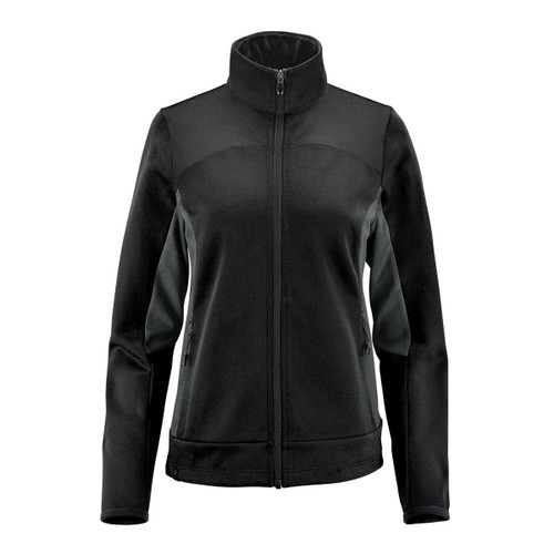A women's black knit jacket with a high collar and zippered front, featuring contrasting panel details and pockets.