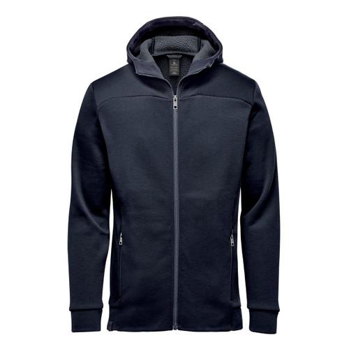 A navy blue men's hoodie with a full zip, featuring a hood and side pockets, and a logo on the chest.