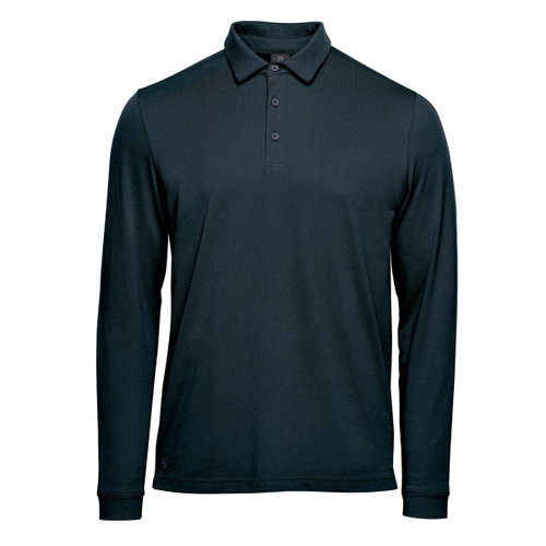 A long-sleeve polo in navy blue featuring a collar and three-button placket, with a logo on the hem.