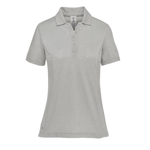 A women's polo shirt in light grey with a collar, short sleeves, and a logo on the side.