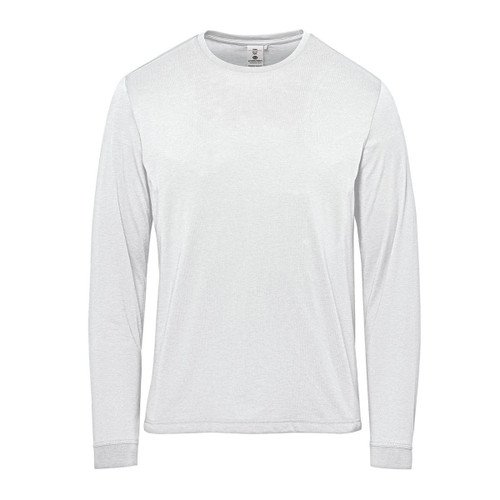 A long-sleeve white t-shirt with a simple design and a logo on the label.