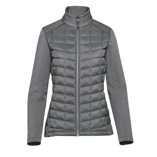 A grey women's softshell jacket featuring a quilted design and high collar, with a zippered front and branding.