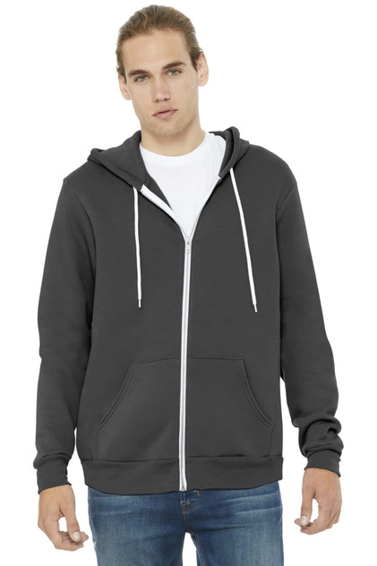 A grey unisex sponge fleece full-zip hoodie with a front pocket and a logo on the chest.