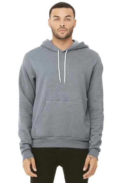 A unisex sponge fleece pullover hoodie in grey, featuring a front pocket and drawstring hood.