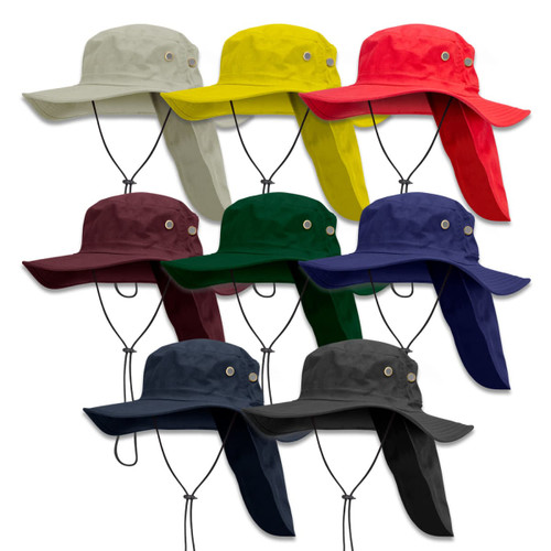 A selection of Legionnaire wide brim hats in grey, yellow, red, green, burgundy, navy, and black, featuring a logo.