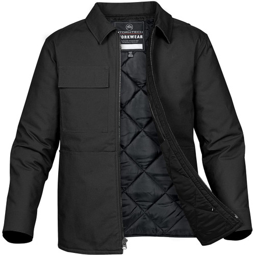 A black men's work jacket featuring a quilted interior and a chest pocket, with an open front design.