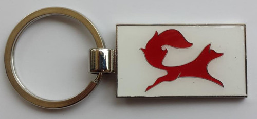A silver keyring featuring a red soft enamel fox design on a white background, showcasing a polished finish.