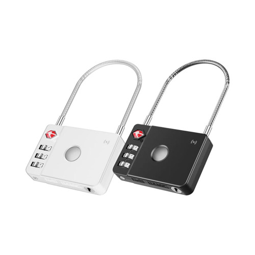 A white and black MiLock Duo Tag Luggage Lock with a flexible metal shackle and numeric combination dials.