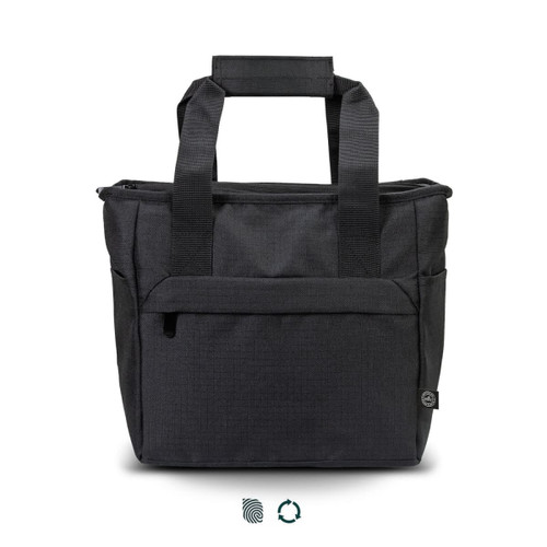 A black cooler bag with two handles, featuring a zippered compartment and side pockets. It also has a logo.