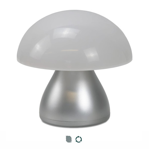 A Portobello Table Lamp featuring a frosted white dome and a silver base, with a modern, mushroom-like design.