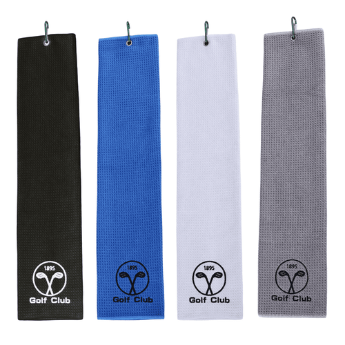 Four sandless golf towels in black, white, blue, and grey, each featuring a logo.