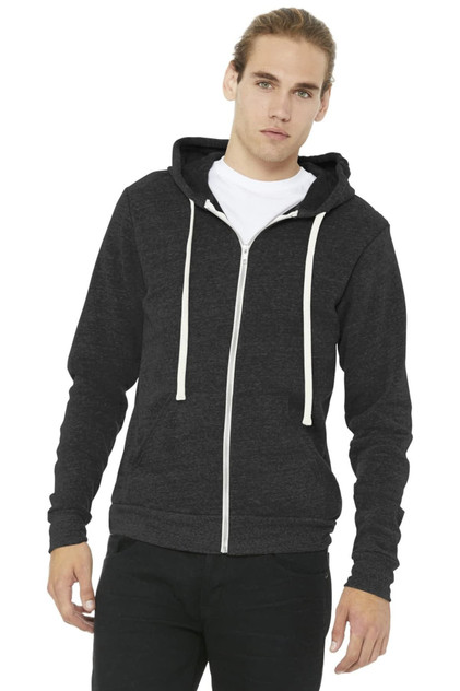 A unisex triblend sponge fleece full-zip hoodie in dark grey, featuring a hood and a logo.
