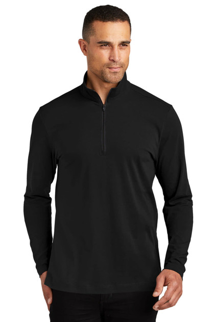 A black 1/4-zip jumper for men featuring long sleeves and a logo on the chest.