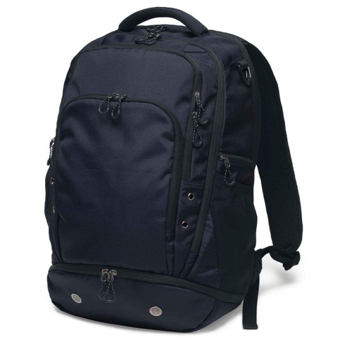 A dark navy backpack with multiple compartments and zippers, featuring padded shoulder straps and a logo.