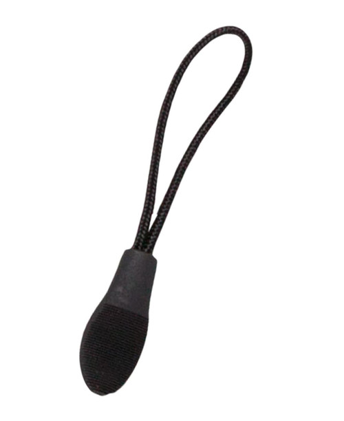 A black changeable zip puller with a looped cord for easy attachment. It has a textured grip for better handling.