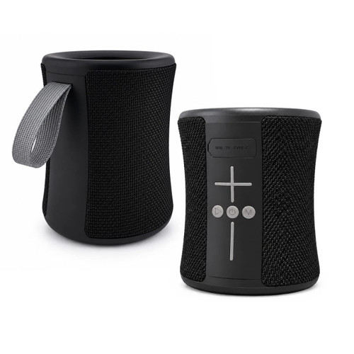 A compact black speaker with a textured exterior and a carrying strap, featuring control buttons on the front.