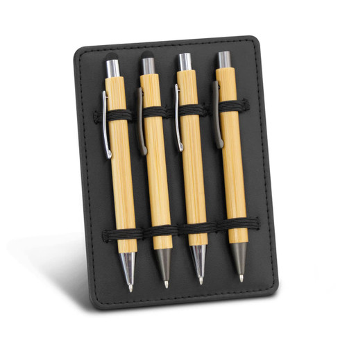 A display stand features four bamboo pens secured in a black holder. The pens have silver accents and varying tips.