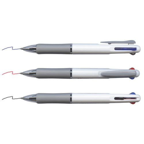A multi pen featuring three colours: black, blue, and red, with grey grips and a clip for convenience.