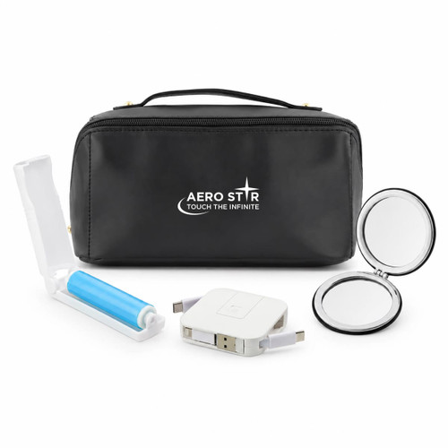 A black cosmetic bag with a logo, containing a roller, a mirror, and a charger.