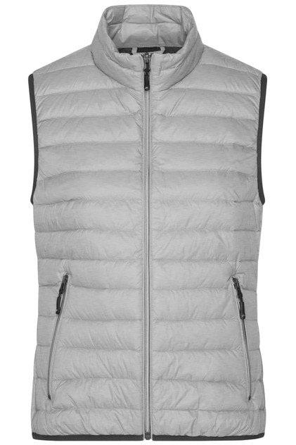 A light grey ladies down vest with a stand collar, zip closure, and zippered side pockets, featuring a logo.