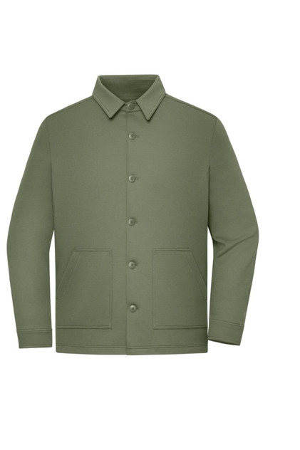 A unisex shirt jacket in olive green with a button front and two side pockets. Features a logo on the chest.