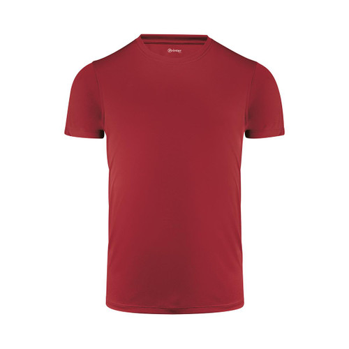 A red men's active tee with a crew neckline and short sleeves, featuring a logo on the neckline.