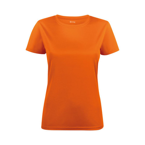An orange women's active tee with a crew neckline and short sleeves, featuring a logo.