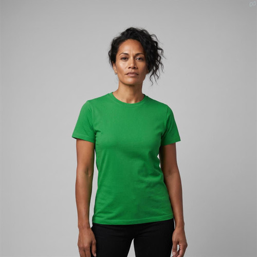 A green women's t-shirt with a classic fit, featuring a crew neck and short sleeves. The shirt has a simple design.