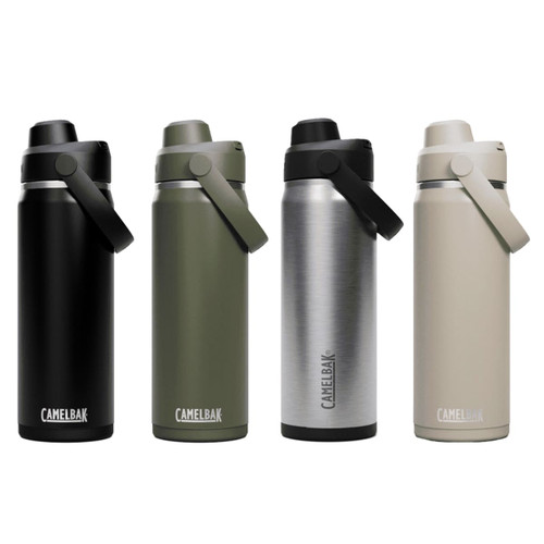 A drink bottle collection featuring black, olive green, silver, and beige options, each with a flip-top lid and carrying handle.