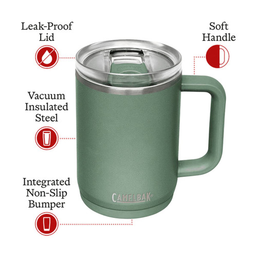 A drink bottle in green featuring a leak-proof lid, soft handle, and vacuum insulated stainless steel design.
