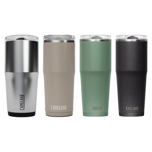 A drink bottle set featuring four tumblers in silver, beige, green, and black, each with a logo.