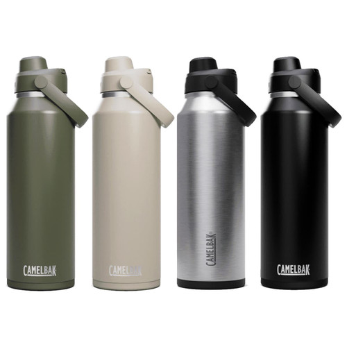A drink bottle featuring four variations: olive green, beige, stainless steel, and black, each with a logo.