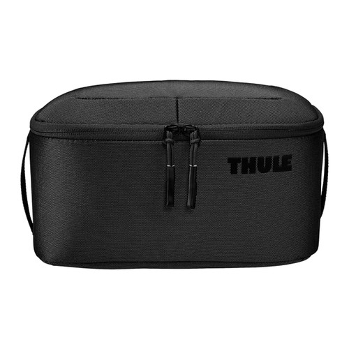 A black toiletry bag featuring a removable pouch and zippered compartments, with a subtle logo on the side.