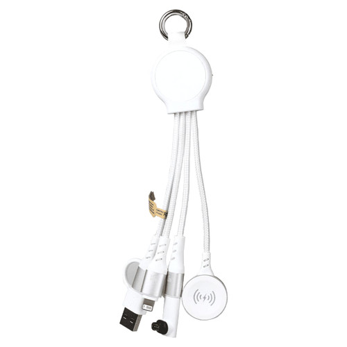 A 6-in-1 multi charging cable in white and silver, featuring multiple connectors and a keyring attachment.