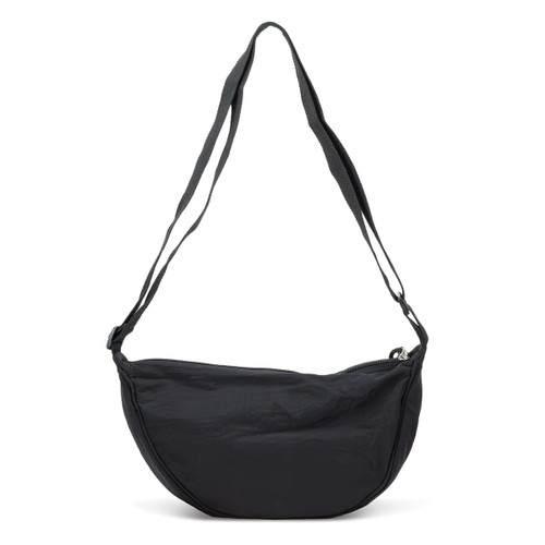 A black shoulder bag with a curved shape and two adjustable straps, featuring a logo on the front.