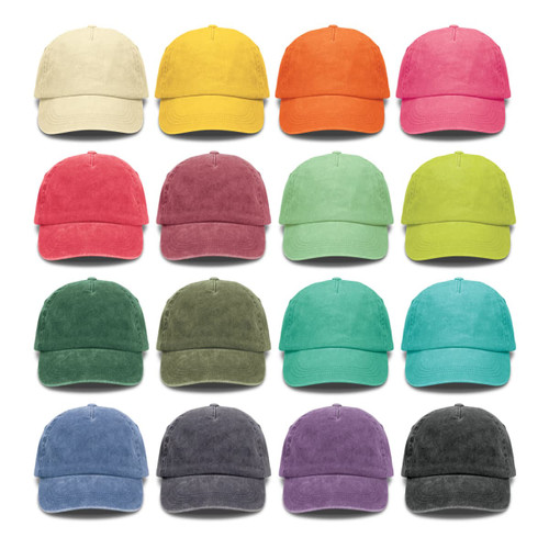 A collection of vintage washed caps in various colours, including yellow, orange, pink, green, blue, and purple, featuring logos.