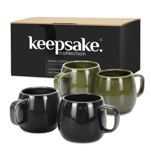 A set of two coffee mugs in black and olive green, packaged in a box with a logo.