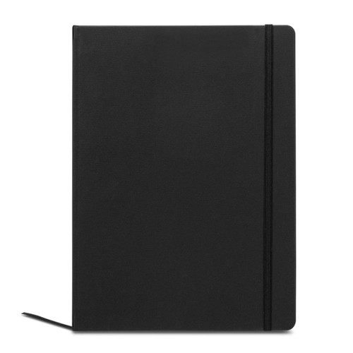 A black A4 daily diary with a smooth cover and an elastic band closure. It has a logo on the front.