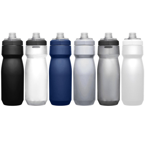 A drink bottle collection featuring six styles in black, white, navy, silver, and grey, each with a logo.
