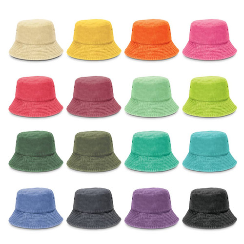 A variety of Bondi Washed Bucket Hats in multiple colours, featuring a logo on each hat.
