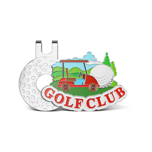 A soft enamel golf hat clip featuring a red golf cart, a golf ball, and green landscape designs. It has a logo.
