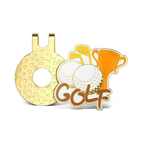 A gold hard enamel golf hat clip featuring a golf ball and trophy design with the word "GOLF" in brown and orange.