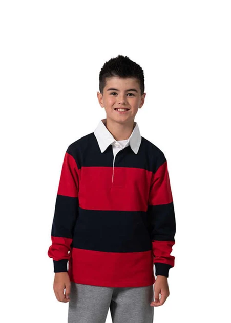 A kid's rugby polo top featuring red and navy stripes with a white collar, displayed on a smiling boy.
