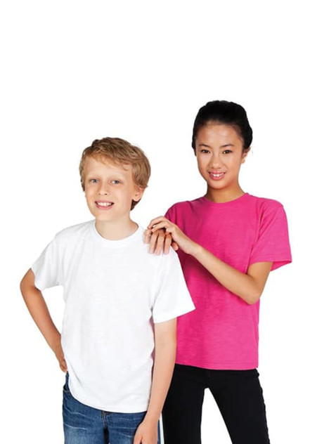 A white T-shirt on a boy and a pink T-shirt on a girl, both made from bamboo cotton. The image features a logo.