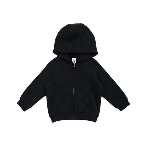 A black kangaroo zip pocket hoodie with a hood and front pouch pocket, featuring a logo on the label.