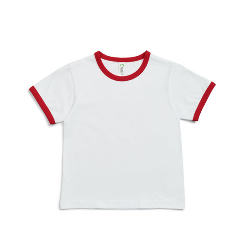 A white kids' t-shirt with red ringer sleeves and collar, featuring a logo on the label.