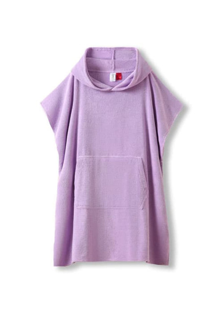 A purple hooded towel featuring a kangaroo pocket, made from 380gsm cotton, with a logo tag.