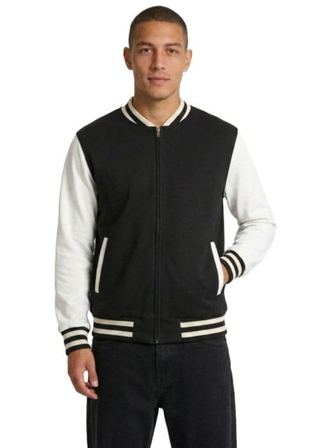 A black and white wool blend varsity jacket with a zip front, striped cuffs, and pockets. It has a logo on the chest.