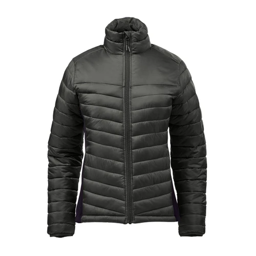 A women's thermal jacket in dark green with a zippered front and a fitted design, featuring a logo.